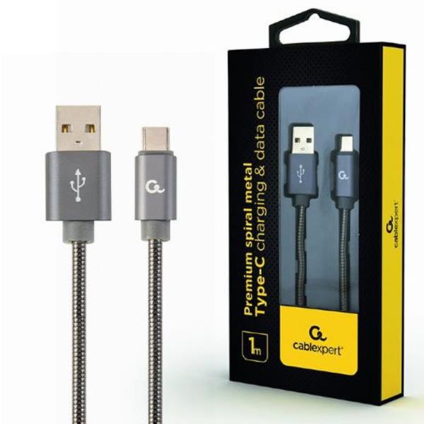 CABLEXPERT PREMIUM SPIRAL METAL TYPE-C USB CHARGING AND DATA CABLE 1M METALLIC GREY RETAIL PACK