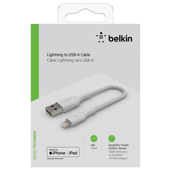 BELKIN LIGHTNING TO USB-A CABLE 15CM, BRAIDED, MFI CERT, WHITE