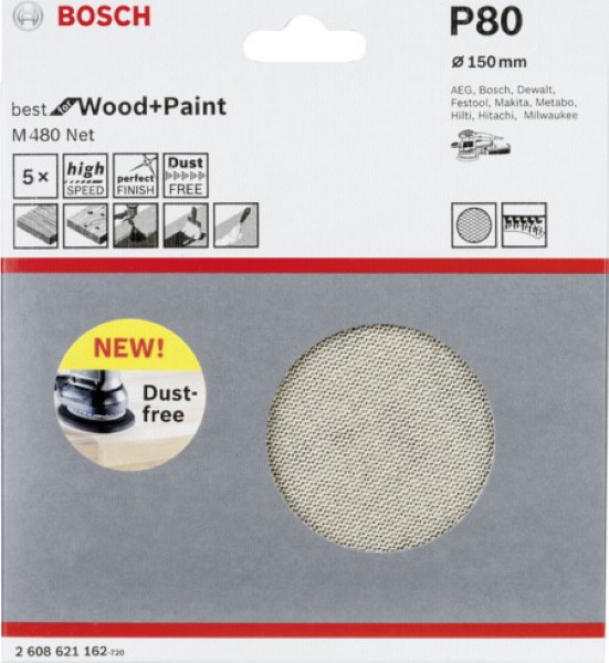 BOSCH POWER SANDING SHEET M480 BEST FOR WOOD AND PAINT, 150MM G80, 5 UNITS