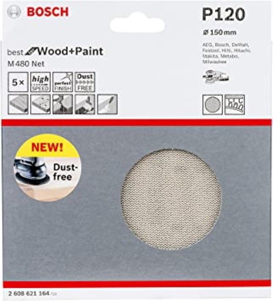 BOSCH POWER SANDING SHEET M480 BEST FOR WOOD AND PAINT, 150MM G120, 5 PIECES