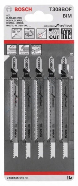 BOSCH JIGSAW BLADE T 308 BOF EXTRA CLEAN FOR HARD WOOD, 5 PIECES SILVER