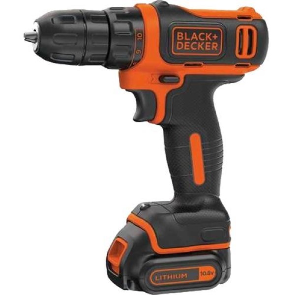 BLACK - DECKER CORDLESS DRILL BDCDD12KB, 10,8VOLT BLACK  ORANGE, CARRYING CASE, 2 X LI-ION BATTERY 1.5 AH
