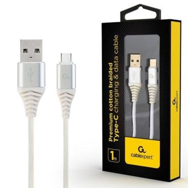 CABLEXPERT PREMIUM COTTON BRAIDED TYPE-C USB CHARGING AND DATA CABLE 1M SILVER-WHITE RETAIL PACK