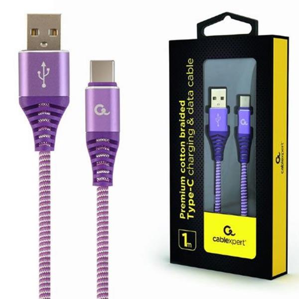 CABLEXPERT PREMIUM COTTON BRAIDED TYPE-C USB CHARGING AND DATA CABLE 1M PURPLE-WHITE RETAIL PACK