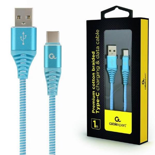 CABLEXPERT PREMIUM COTTON BRAIDED TYPE-C USB CHARGING AND DATA CABLE 1M TURQUOISE-WHITE RETAIL PACK