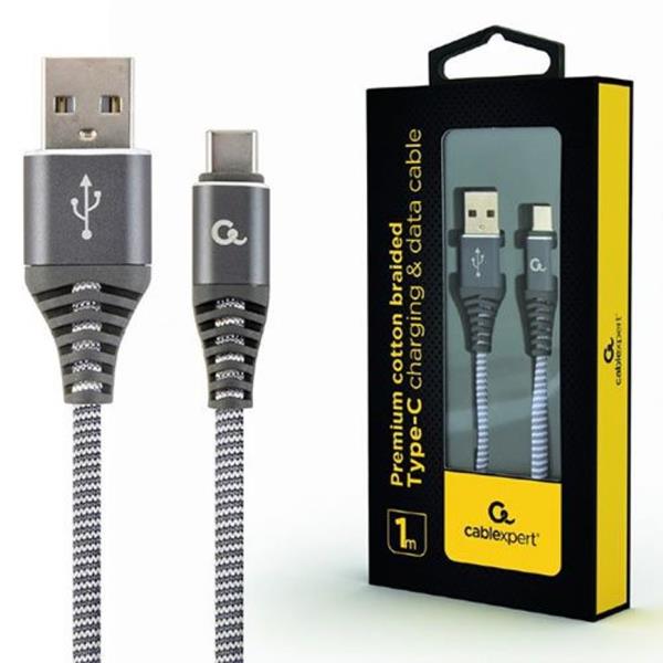CABLEXPERT PREMIUM COTTON BRAIDED TYPE-C USB CHARGING AND DATA CABLE 1M SPACEGREY-WHITE RETAIL PACK