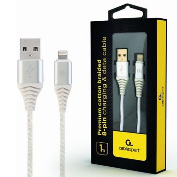 CABLEXPERT PREMIUM COTTON BRAIDED LIGHTNING CHARGING AND DATA CABLE 1M SILVER-WHITE RETAIL PACK