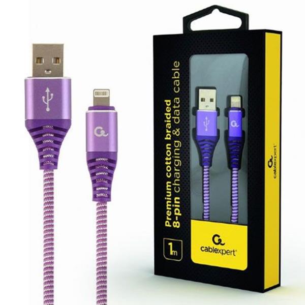 CABLEXPERT PREMIUM COTTON BRAIDED LIGHTNING CHARGING AND DATA CABLE 1M PURPLE-WHITE RETAIL PACK