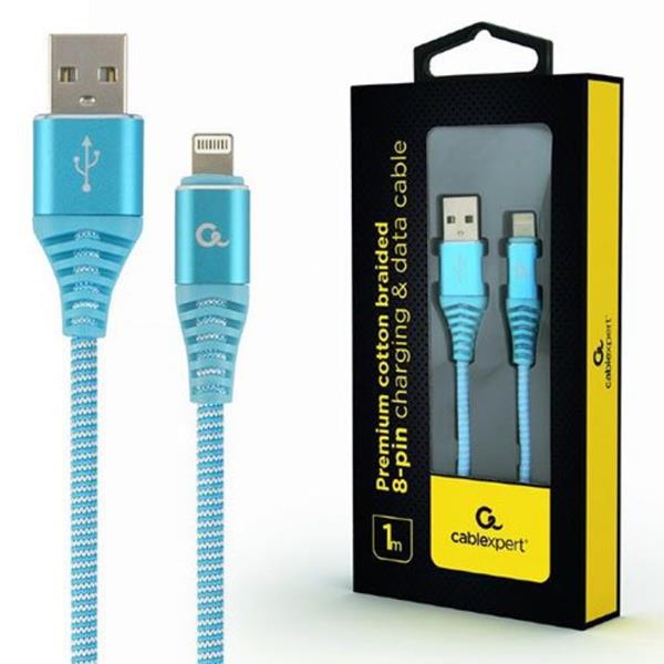 CABLEXPERT PREMIUM COTTON BRAIDED LIGHTNING CHARGING AND DATA CABLE 1M TURQUOISE-WHITE RETAIL PACK