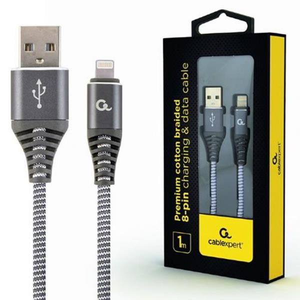 CABLEXPERT PREMIUM COTTON BRAIDED LIGHTNING CHARGING AND DATA CABLE 1M SPACEGREY-WHITE RETAIL PACK