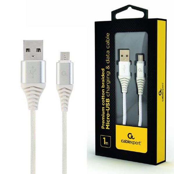 CABLEXPERT PREMIUM COTTON BRAIDED MICRO-USB CHARGING AND DATA CABLE 1M SILVER-WHITE RETAIL PACK