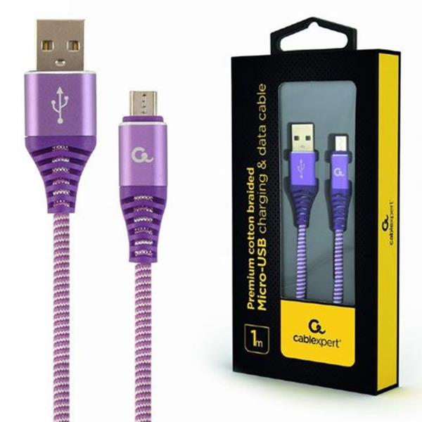 CABLEXPERT PREMIUM COTTON BRAIDED MICRO-USB CHARGING AND DATA CABLE 1M PURPLE-WHITE RETAIL PACK