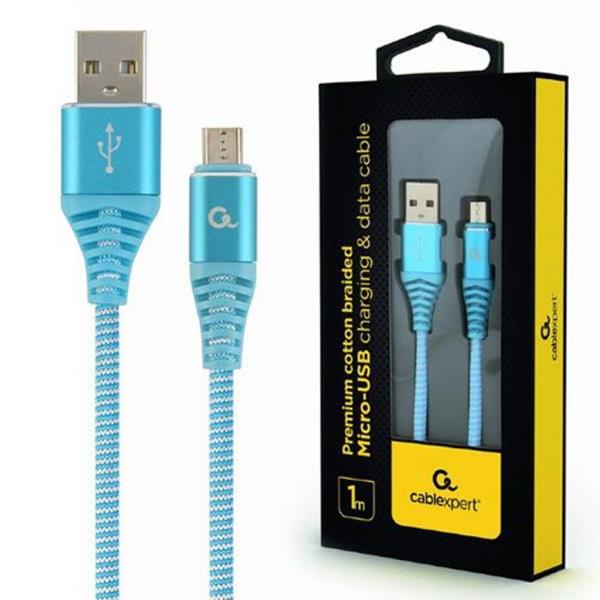 CABLEXPERT PREMIUM COTTON BRAIDED MICRO-USB CHARGING AND DATA CABLE 1M TURQOUISE-WHITE RETAIL PACK