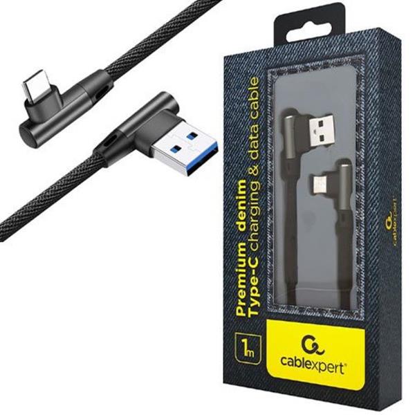 CABLEXPERT PREMIUM JEANS denim TYPE-C USB CABLE WITH METAL CONNECTORS 1M BLACK ANGLED RETAIL PACK