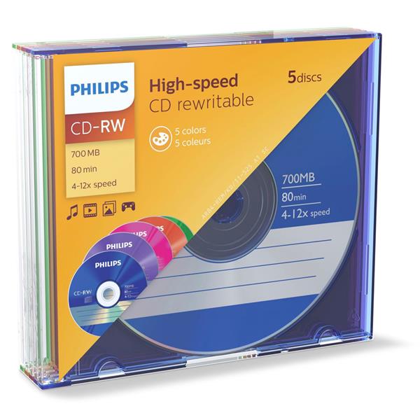 1X5 PHILIPS CD-RW 80MIN 700MB 4-12X SL COLOUR