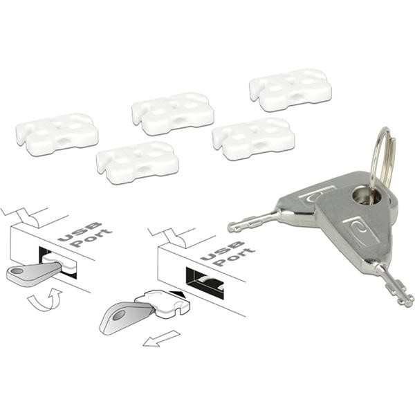 DELOCK USB PORT BLOCKER SET FOR USB A SOCKET, MORTISE WHITE  SILVER, 5X USB PORT BLOCKER, 2X KEY