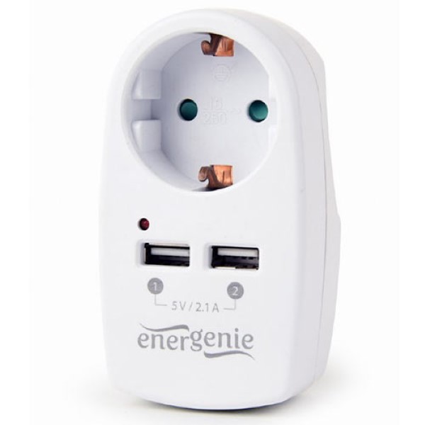 ENERGENIE 2-PORT USB CHARGER WITH PASS-THROUGHT AC SOCKET 2.1A WHITE