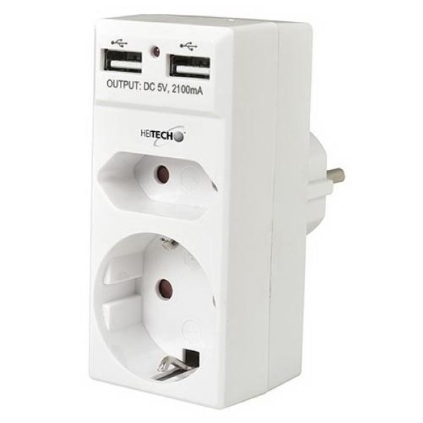 HEITECH DOUBLE SOCKET ADAPTOR WITH 2 USB CHARGING CONNECTIONS