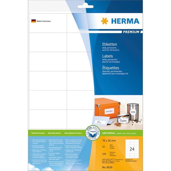 HERMA LABELS 70X36 WHITE MATTE 10 SHEETS DIN A4 240 PCS.   8638