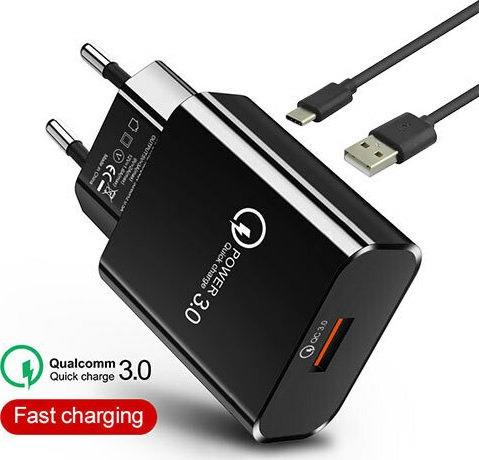 LAMTECH QUICK CHARGER USB3.0 18W WITH TYPE-C CABLE 1M BLACK