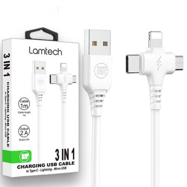 LAMTECH 3 IN 1 CHARGING USB CABLE TO TYPE-C-LIGHTNING-MICRO USB 1M WHITE