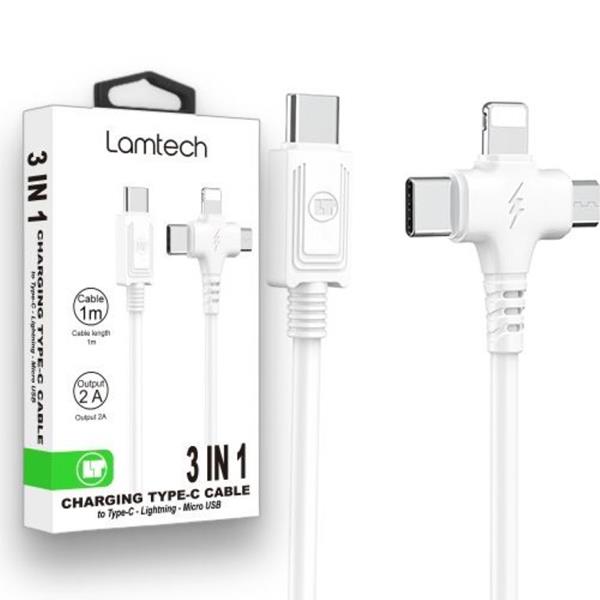 LAMTECH 3 IN 1 CHARGING TYPE-C CABLE TO TYPE-C-LIGHTNING-MICRO USB 1M WHITE
