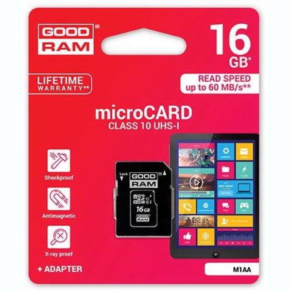GOODRAM MICRO SD CLASS 10 16GB UHS I + ADAPTER M1AA