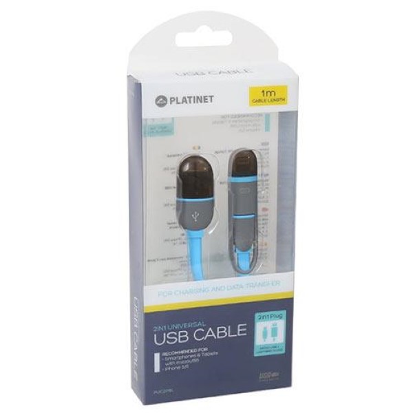 PLATINET USB UNIVERSAL CABLE 2 IN 1 MICRO USB & LIGHTNING PLUGS BLUE BLISTER
