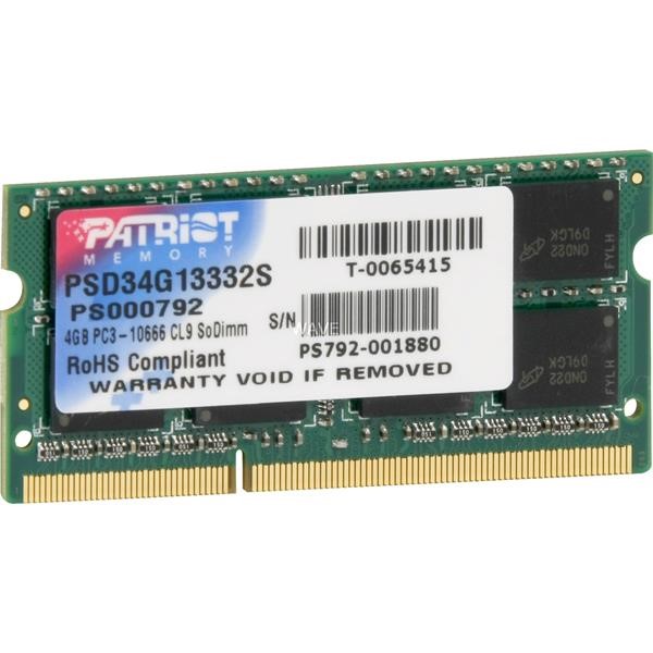 PATRIOT SO-DIMM 4 GB DDR3-1333, MEMORY 4 GB CL9 1 PIECE PSD34G13332S PSD34G13332S