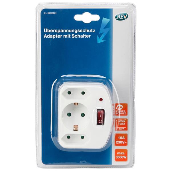 REV 3-FOLD ADAPTER W. SWITCH AND SURGE PROTECTOR WHITE