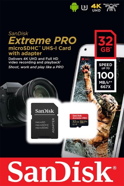 SANDISK EXTREME PRO MICROSDHC 32 GB CARD READING 32 GB 100 MB / S, WRITE: 90MB / S MICROSDHC UHS-I U3, VIDEO SPEED CLASS 30