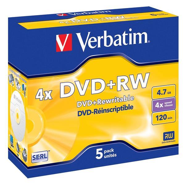 1X5 VERBATIM DVD+RW 4,7GB 4X SPEED, MATT SILVER JEWEL CASE