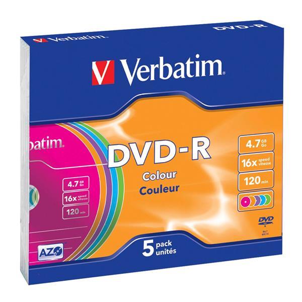 1X5 VERBATIM DVD-R 4,7GB COLOUR 16X SPEED, SLIM CASE