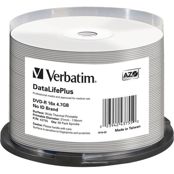 1X50 VERBATIM DVD-R 4,7GB 16X WHITE WIDE THERMAL  PRINT. NO-ID