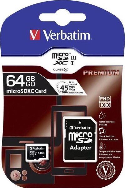 VERBATIM MICROSD 64GB -1AD CL10 SDHC
